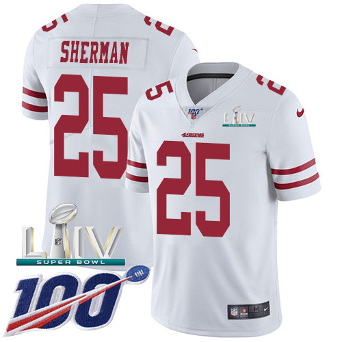 San Francisco 49ers Nike 25 Richard Sherman White Super Bowl LIV 2020 Youth Stitched NFL 100th Season Vapor Limited Jersey